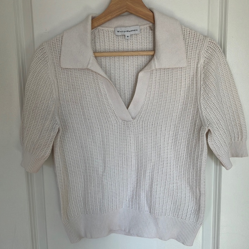 White + Warren Cream Knit Collared Sweater M